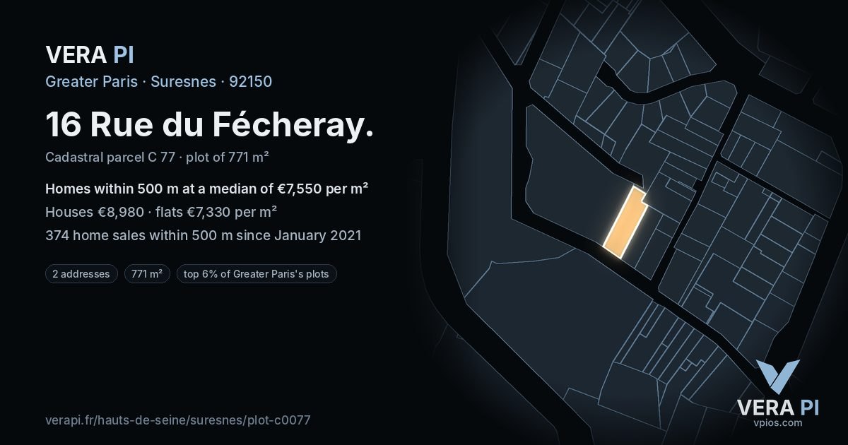 16 Rue du Fécheray, Suresnes at night – the plot lit, the parcels around coloured by the prices near them