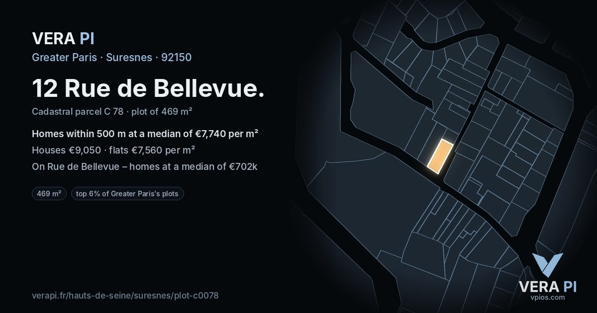 12 Rue de Bellevue, Suresnes at night – the plot lit, the parcels around coloured by the prices near them