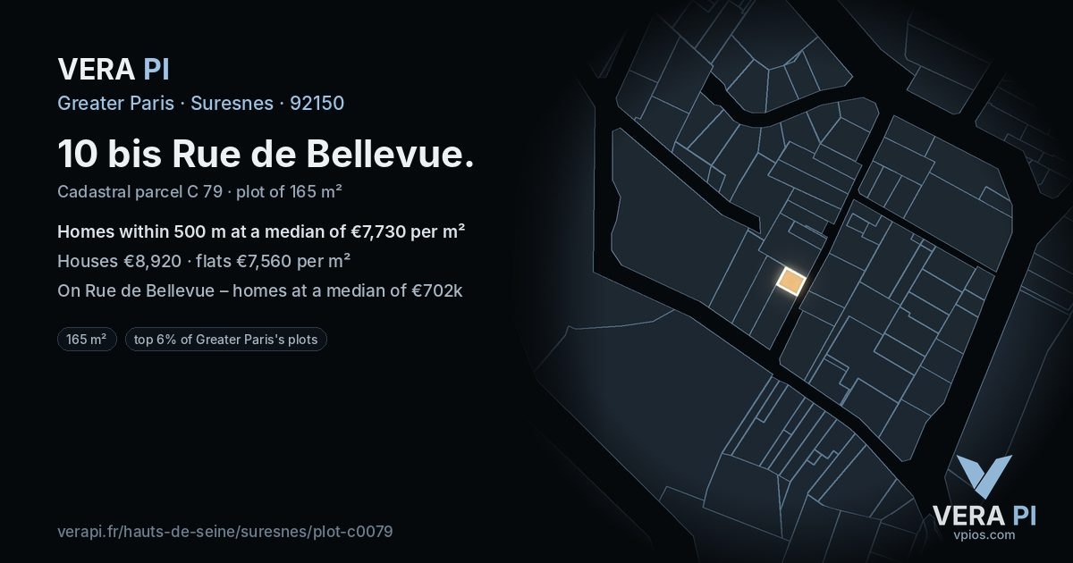 10 bis Rue de Bellevue, Suresnes at night – the plot lit, the parcels around coloured by the prices near them