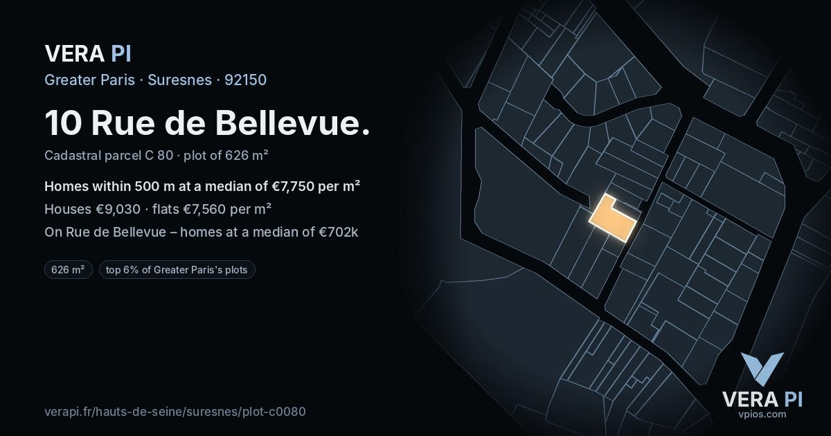 10 Rue de Bellevue, Suresnes at night – the plot lit, the parcels around coloured by the prices near them