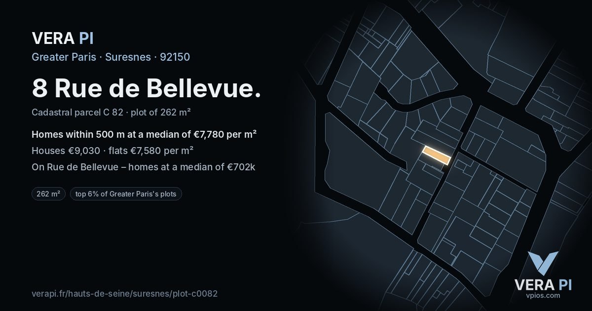 8 Rue de Bellevue, Suresnes at night – the plot lit, the parcels around coloured by the prices near them