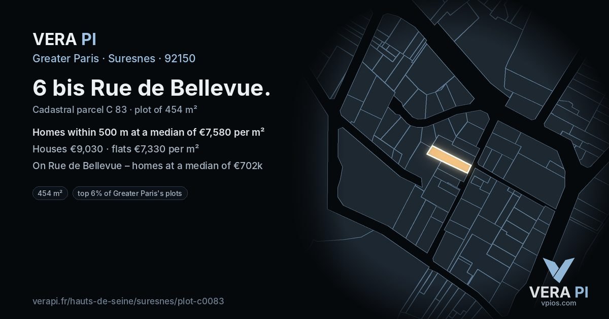 6 bis Rue de Bellevue, Suresnes at night – the plot lit, the parcels around coloured by the prices near them