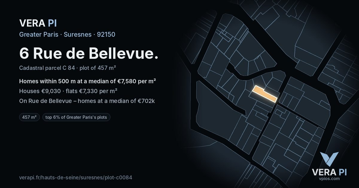 6 Rue de Bellevue, Suresnes at night – the plot lit, the parcels around coloured by the prices near them