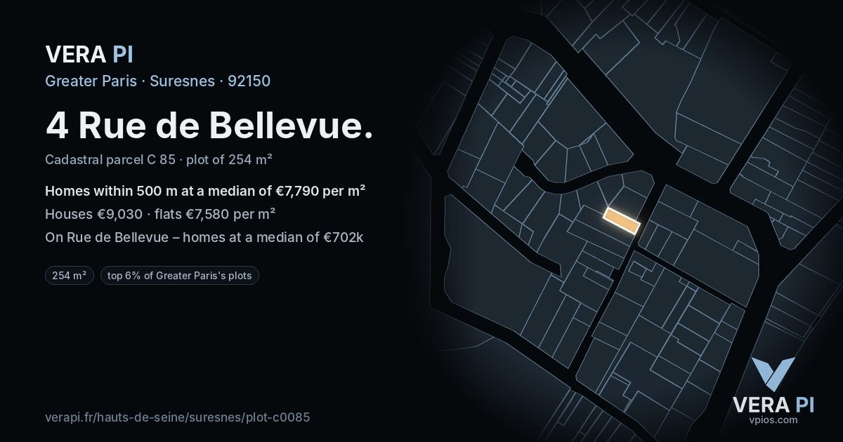 4 Rue de Bellevue, Suresnes at night – the plot lit, the parcels around coloured by the prices near them