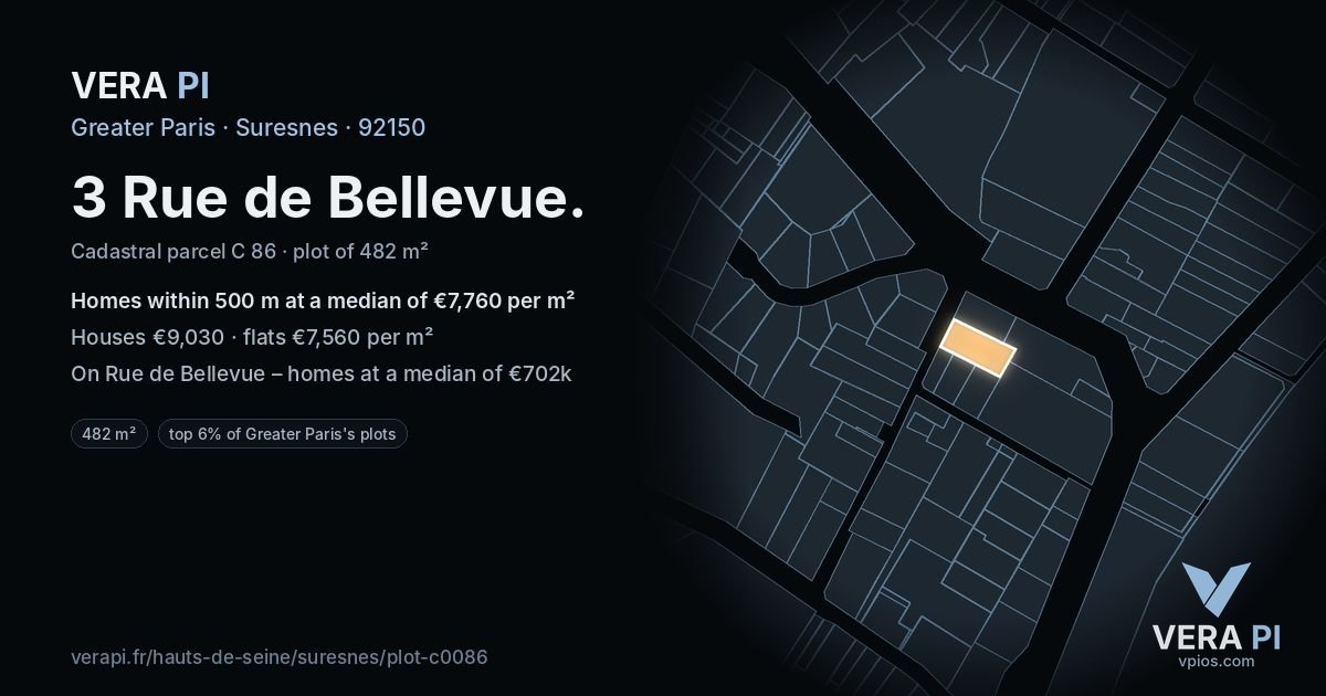 3 Rue de Bellevue, Suresnes at night – the plot lit, the parcels around coloured by the prices near them
