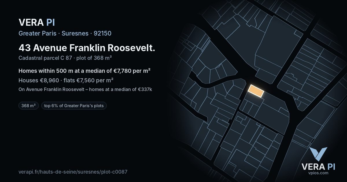 43 Avenue Franklin Roosevelt, Suresnes at night – the plot lit, the parcels around coloured by the prices near them