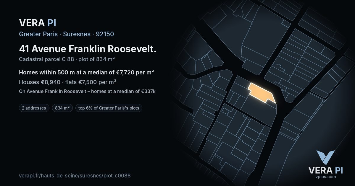 41 Avenue Franklin Roosevelt, Suresnes at night – the plot lit, the parcels around coloured by the prices near them