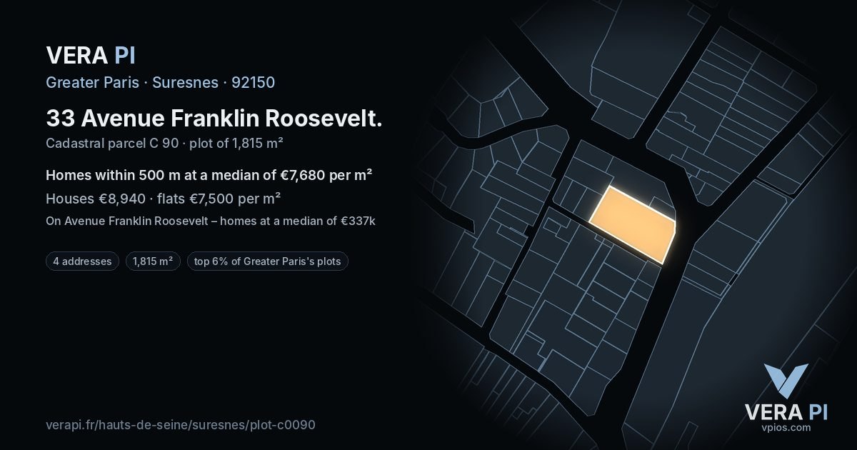 33 Avenue Franklin Roosevelt, Suresnes at night – the plot lit, the parcels around coloured by the prices near them