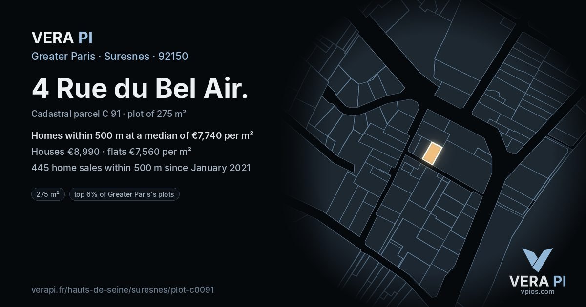 4 Rue du Bel Air, Suresnes at night – the plot lit, the parcels around coloured by the prices near them