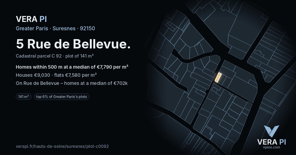 5 Rue de Bellevue, Suresnes at night – the plot lit, the parcels around coloured by the prices near them