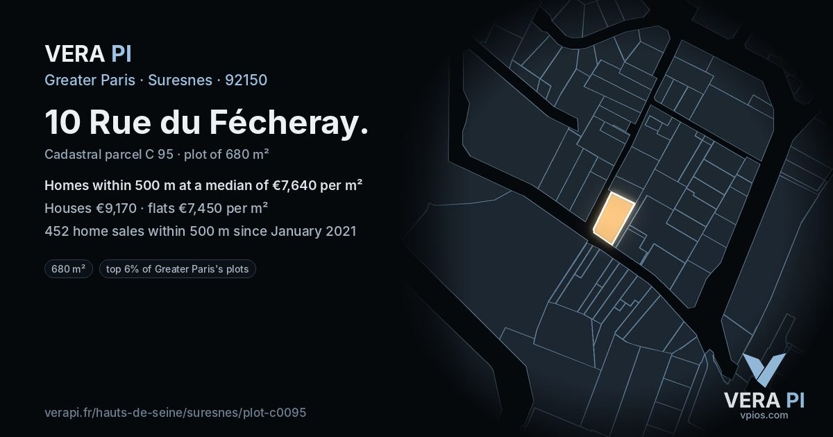 10 Rue du Fécheray, Suresnes at night – the plot lit, the parcels around coloured by the prices near them