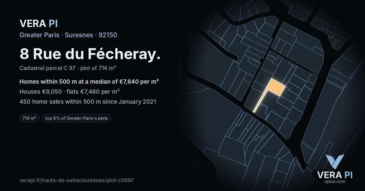 8 Rue du Fécheray, Suresnes at night – the plot lit, the parcels around coloured by the prices near them