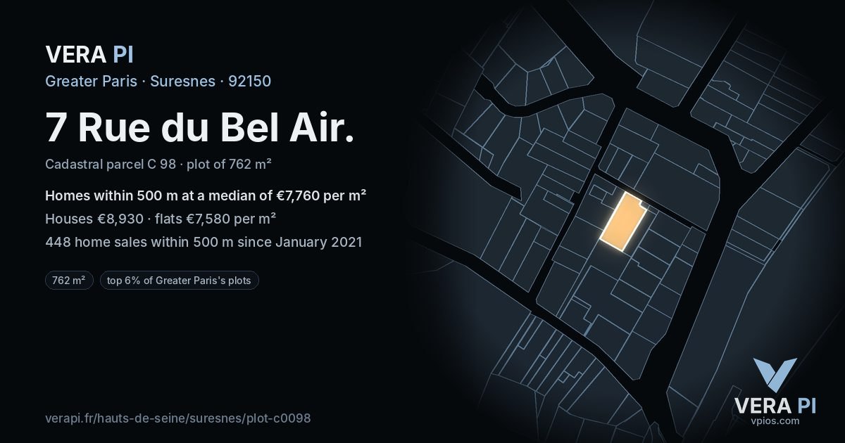 7 Rue du Bel Air, Suresnes at night – the plot lit, the parcels around coloured by the prices near them