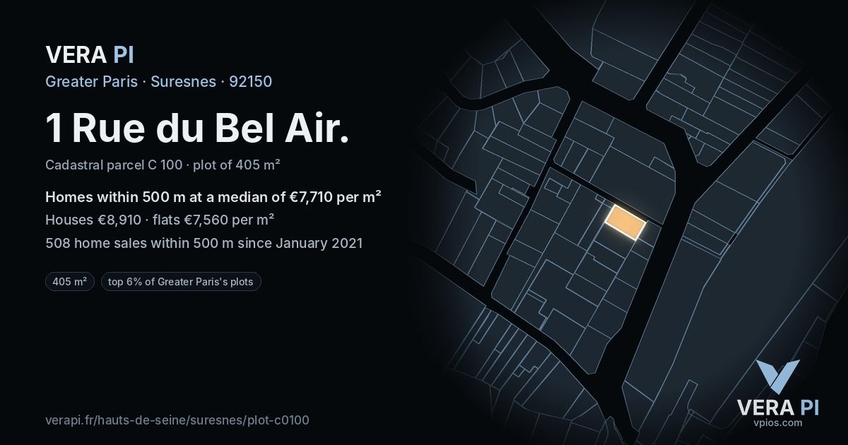 1 Rue du Bel Air, Suresnes at night – the plot lit, the parcels around coloured by the prices near them