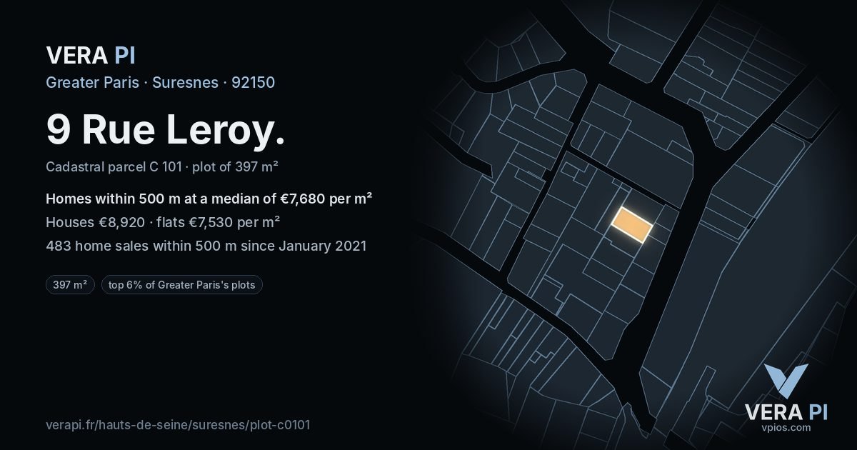 9 Rue Leroy, Suresnes at night – the plot lit, the parcels around coloured by the prices near them