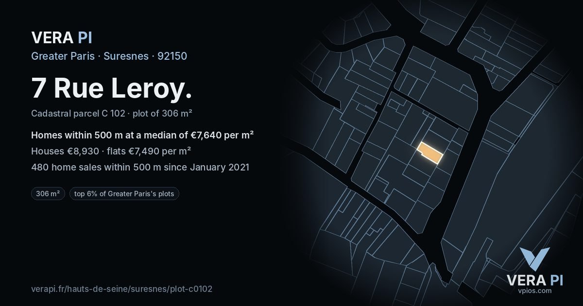 7 Rue Leroy, Suresnes at night – the plot lit, the parcels around coloured by the prices near them