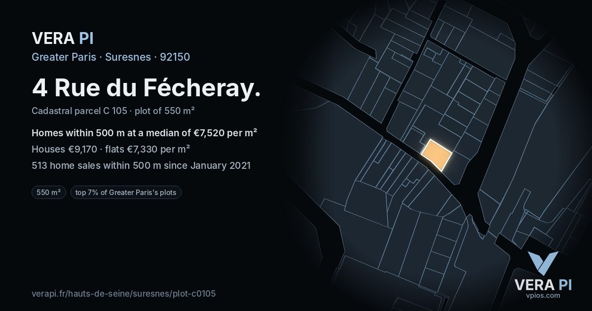 4 Rue du Fécheray, Suresnes at night – the plot lit, the parcels around coloured by the prices near them