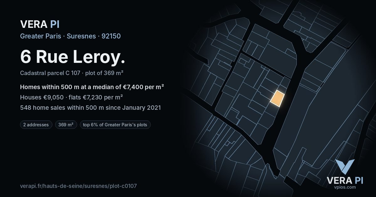 6 Rue Leroy, Suresnes at night – the plot lit, the parcels around coloured by the prices near them