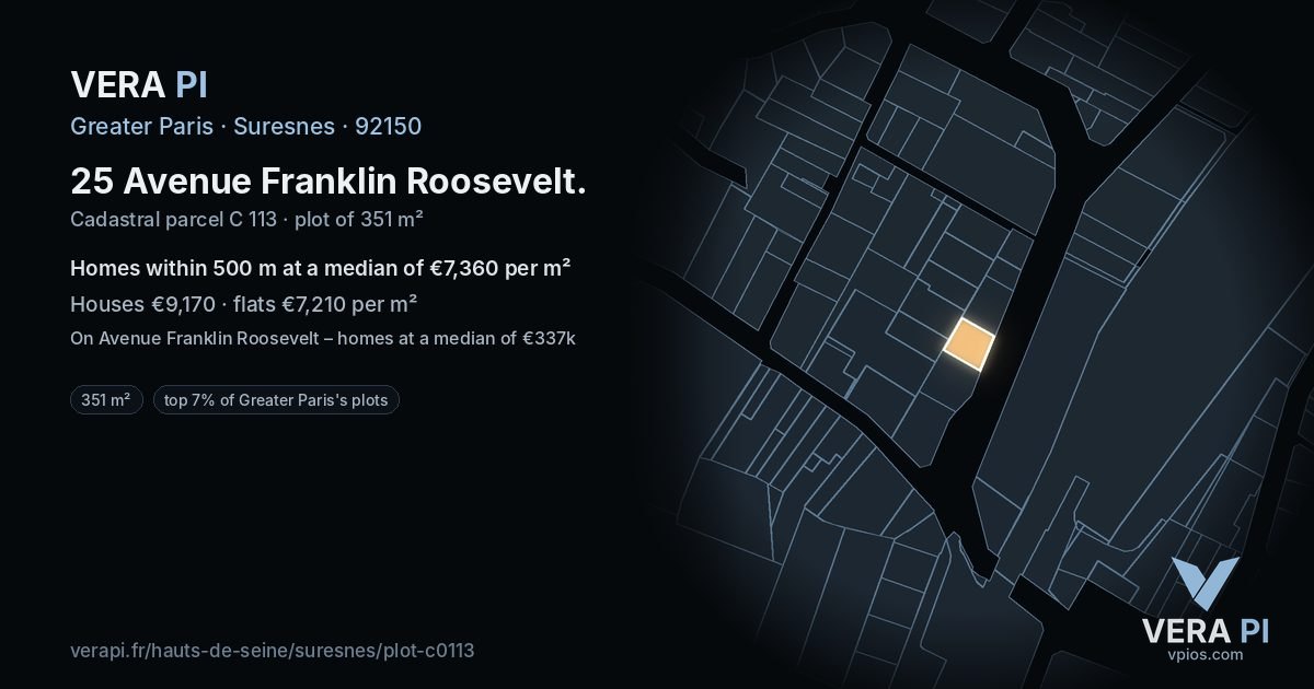 25 Avenue Franklin Roosevelt, Suresnes at night – the plot lit, the parcels around coloured by the prices near them