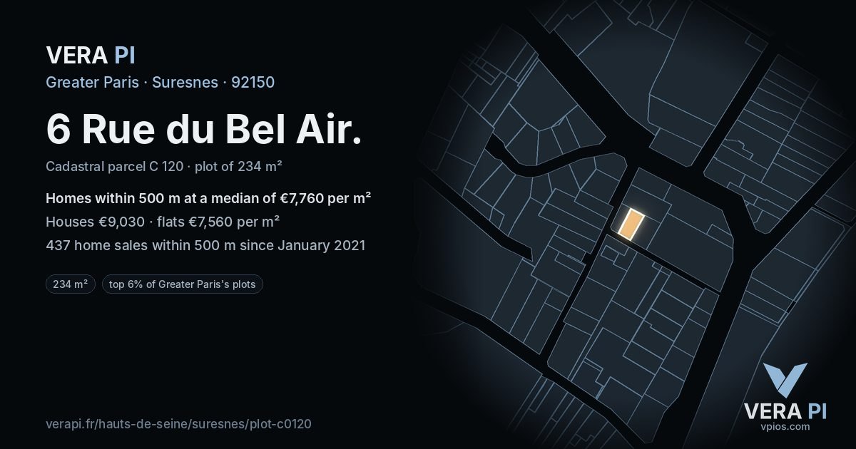 6 Rue du Bel Air, Suresnes at night – the plot lit, the parcels around coloured by the prices near them