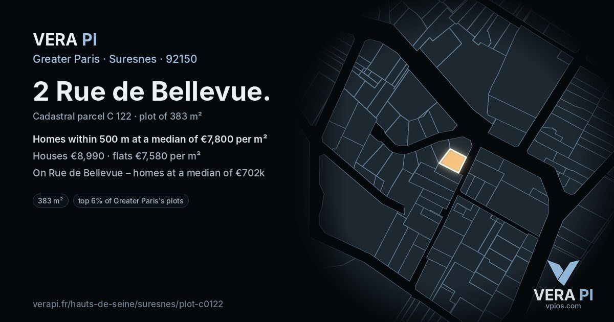 2 Rue de Bellevue, Suresnes at night – the plot lit, the parcels around coloured by the prices near them