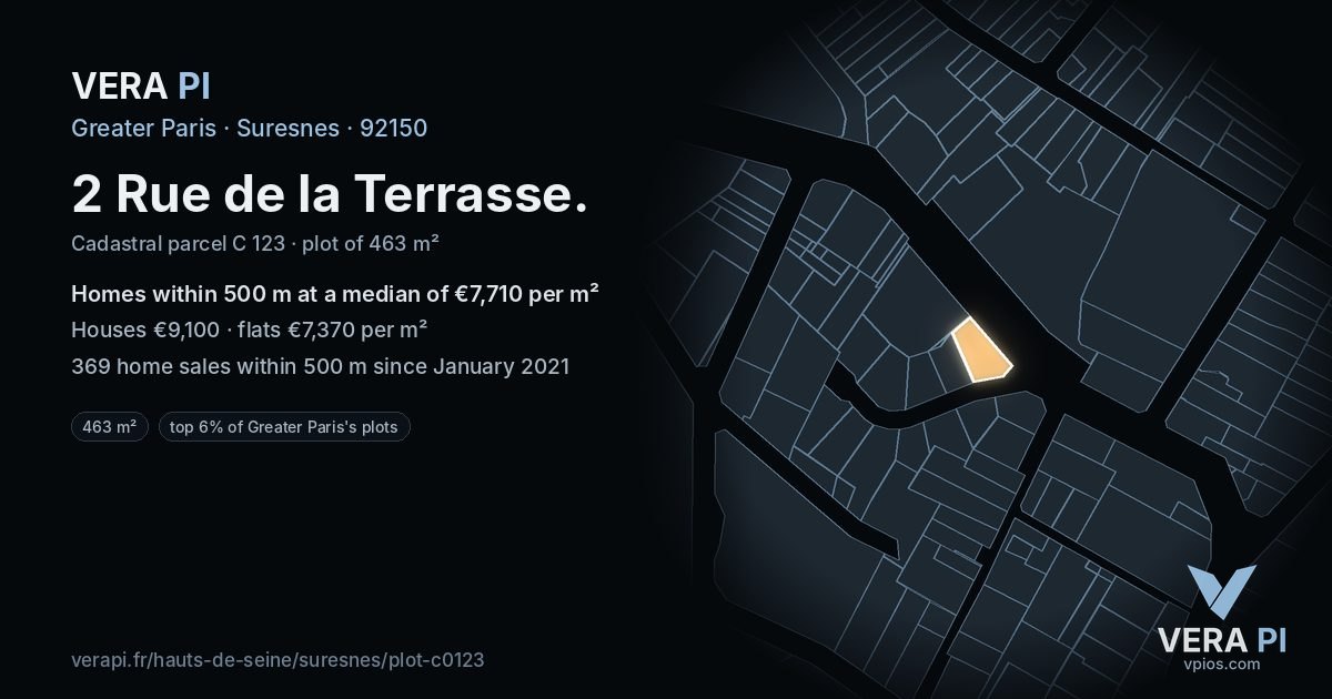 2 Rue de la Terrasse, Suresnes at night – the plot lit, the parcels around coloured by the prices near them