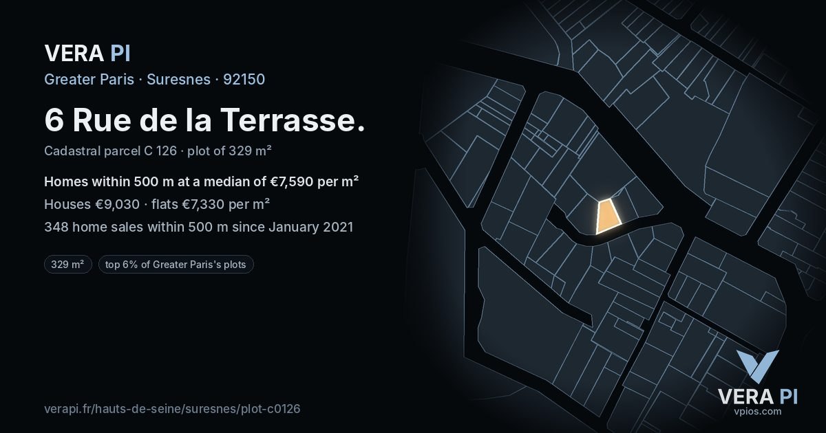 6 Rue de la Terrasse, Suresnes at night – the plot lit, the parcels around coloured by the prices near them
