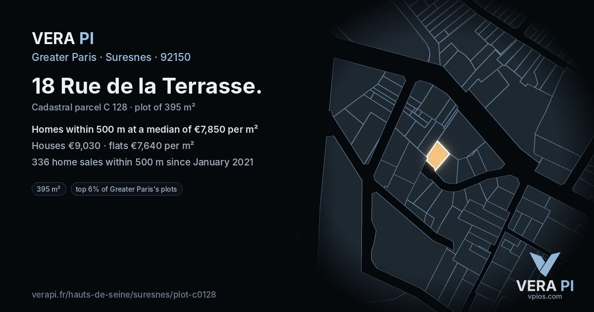 18 Rue de la Terrasse, Suresnes at night – the plot lit, the parcels around coloured by the prices near them