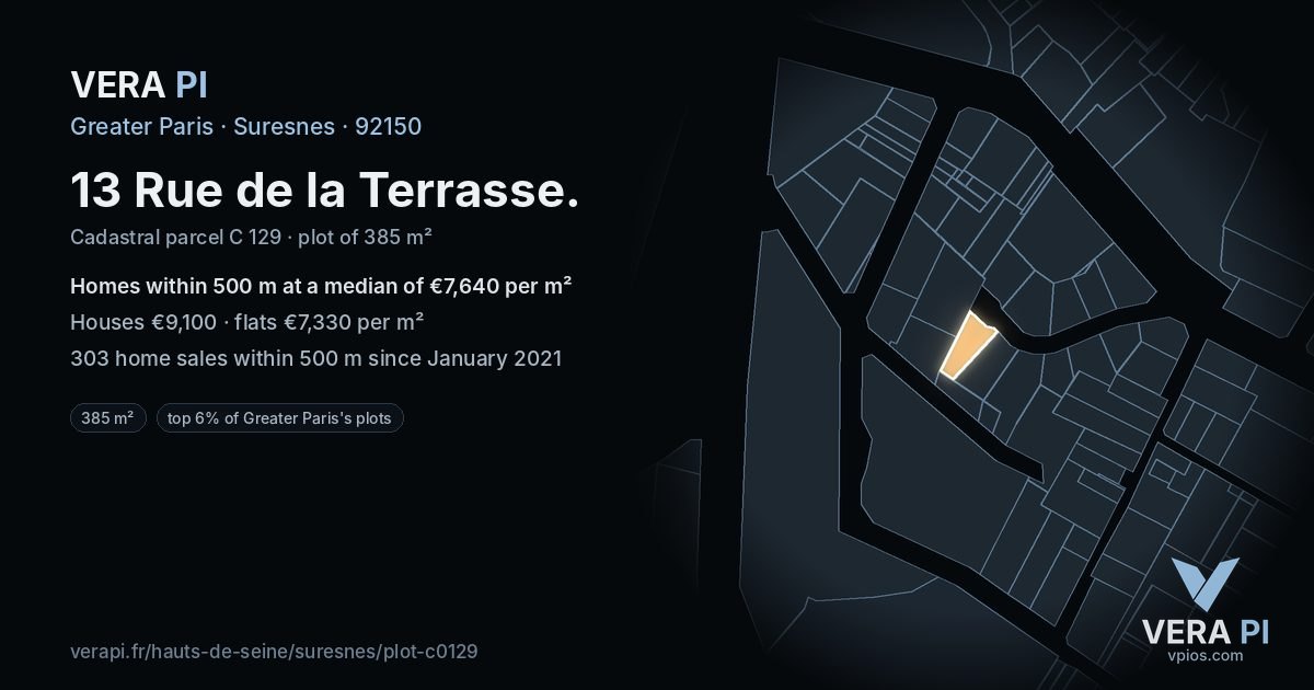 13 Rue de la Terrasse, Suresnes at night – the plot lit, the parcels around coloured by the prices near them