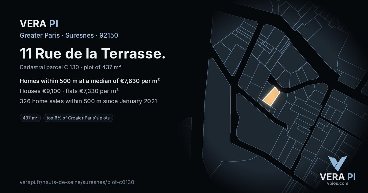11 Rue de la Terrasse, Suresnes at night – the plot lit, the parcels around coloured by the prices near them