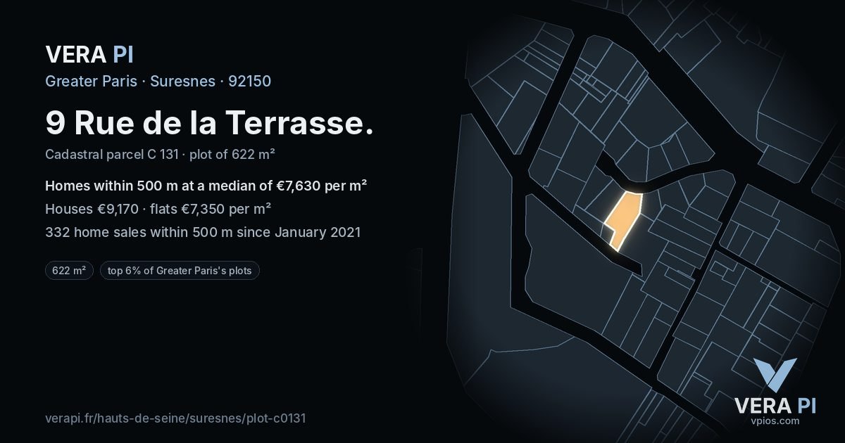 9 Rue de la Terrasse, Suresnes at night – the plot lit, the parcels around coloured by the prices near them