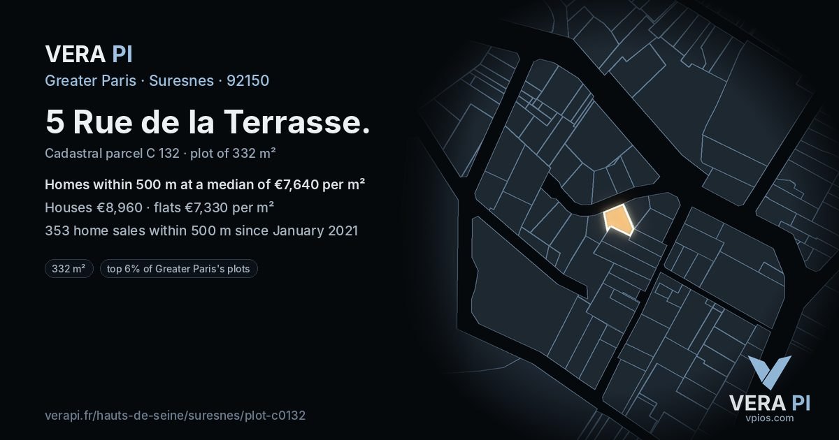 5 Rue de la Terrasse, Suresnes at night – the plot lit, the parcels around coloured by the prices near them