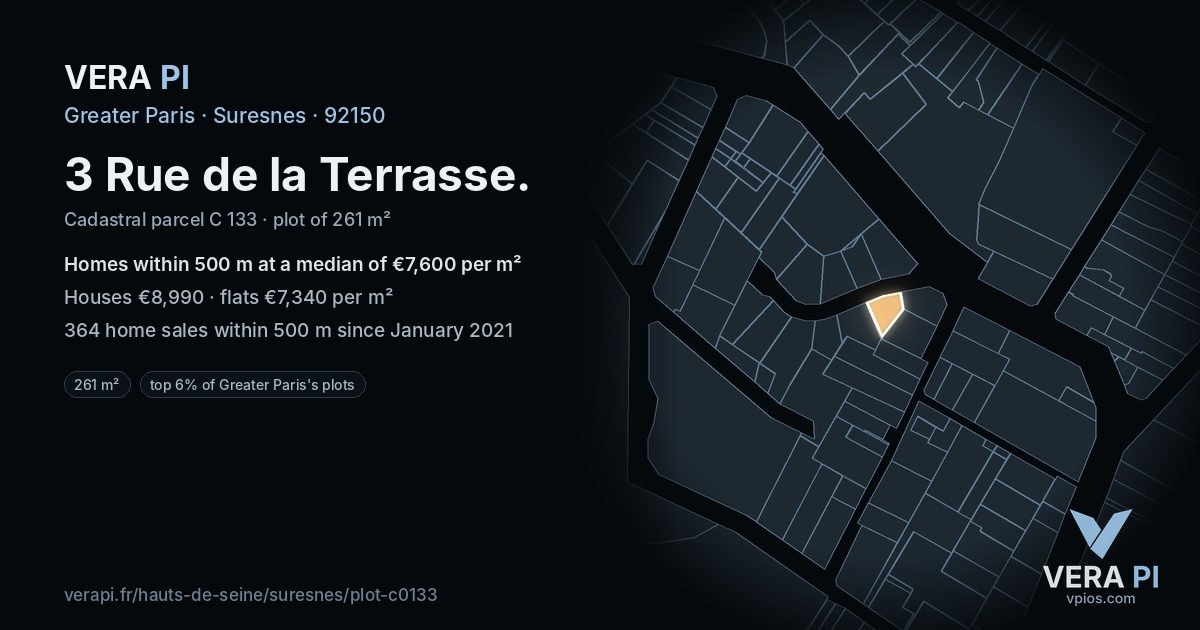 3 Rue de la Terrasse, Suresnes at night – the plot lit, the parcels around coloured by the prices near them