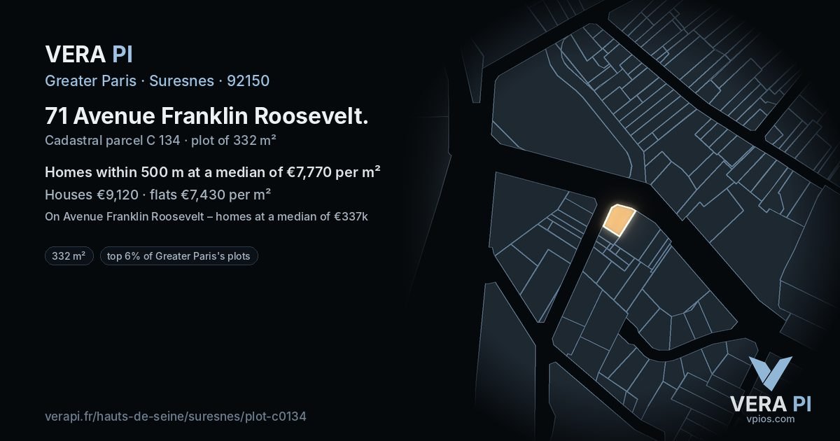 71 Avenue Franklin Roosevelt, Suresnes at night – the plot lit, the parcels around coloured by the prices near them