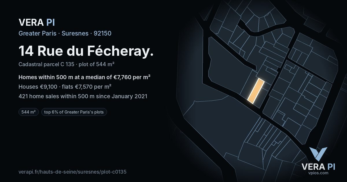 14 Rue du Fécheray, Suresnes at night – the plot lit, the parcels around coloured by the prices near them