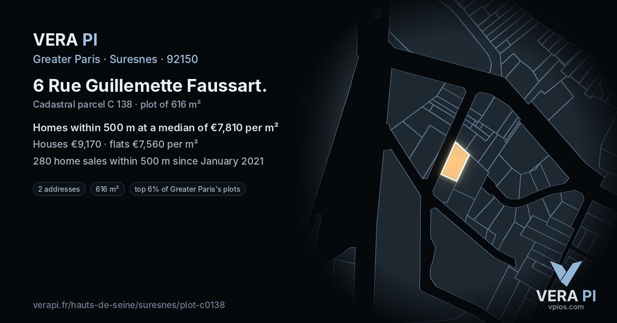 6 Rue Guillemette Faussart, Suresnes at night – the plot lit, the parcels around coloured by the prices near them