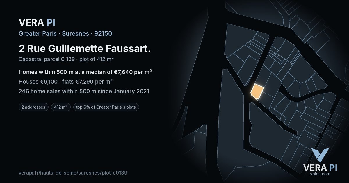 2 Rue Guillemette Faussart, Suresnes at night – the plot lit, the parcels around coloured by the prices near them