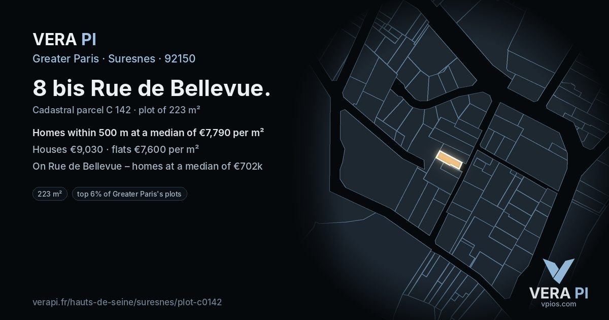 8 bis Rue de Bellevue, Suresnes at night – the plot lit, the parcels around coloured by the prices near them