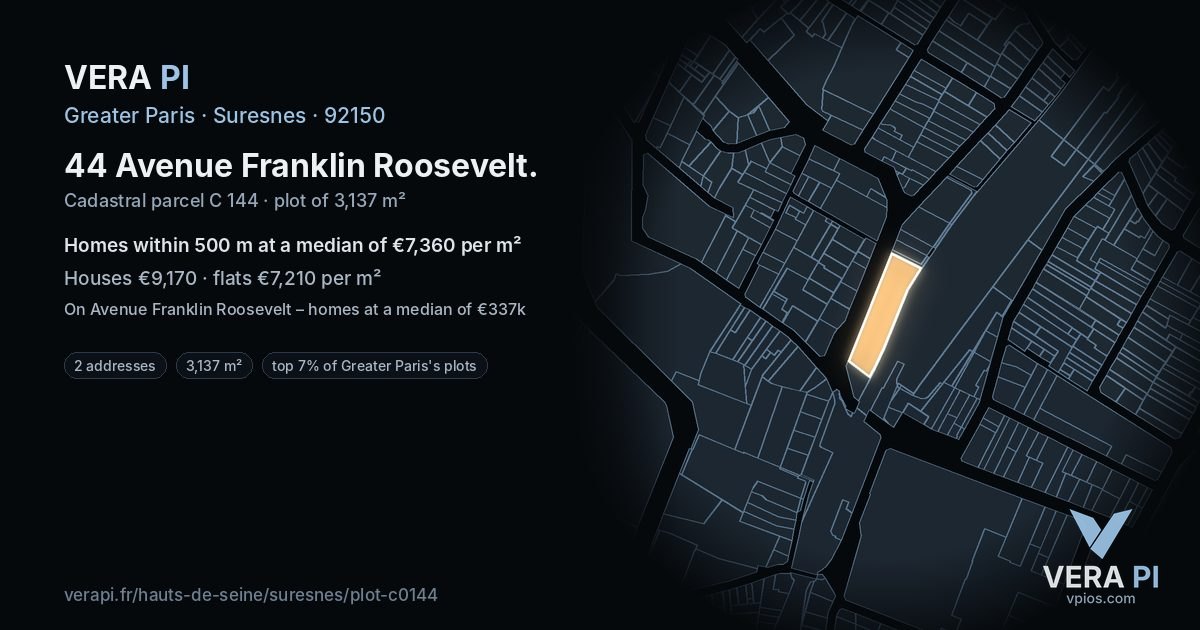 44 Avenue Franklin Roosevelt, Suresnes at night – the plot lit, the parcels around coloured by the prices near them