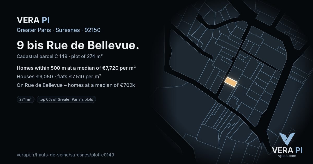 9 bis Rue de Bellevue, Suresnes at night – the plot lit, the parcels around coloured by the prices near them