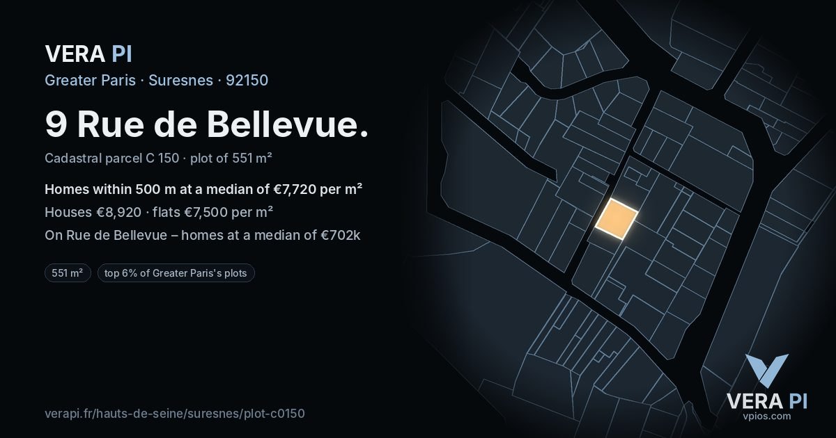 9 Rue de Bellevue, Suresnes at night – the plot lit, the parcels around coloured by the prices near them
