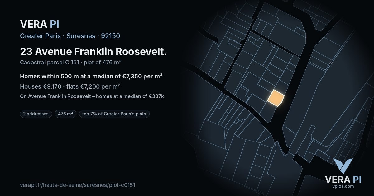 23 Avenue Franklin Roosevelt, Suresnes at night – the plot lit, the parcels around coloured by the prices near them