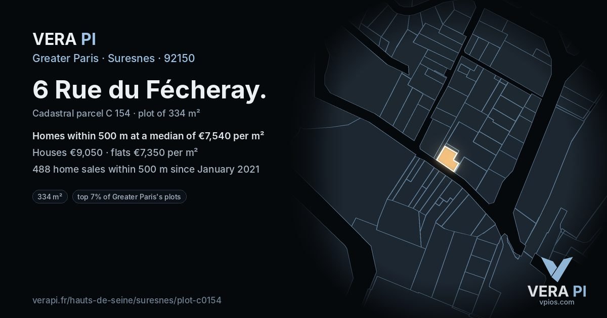 6 Rue du Fécheray, Suresnes at night – the plot lit, the parcels around coloured by the prices near them