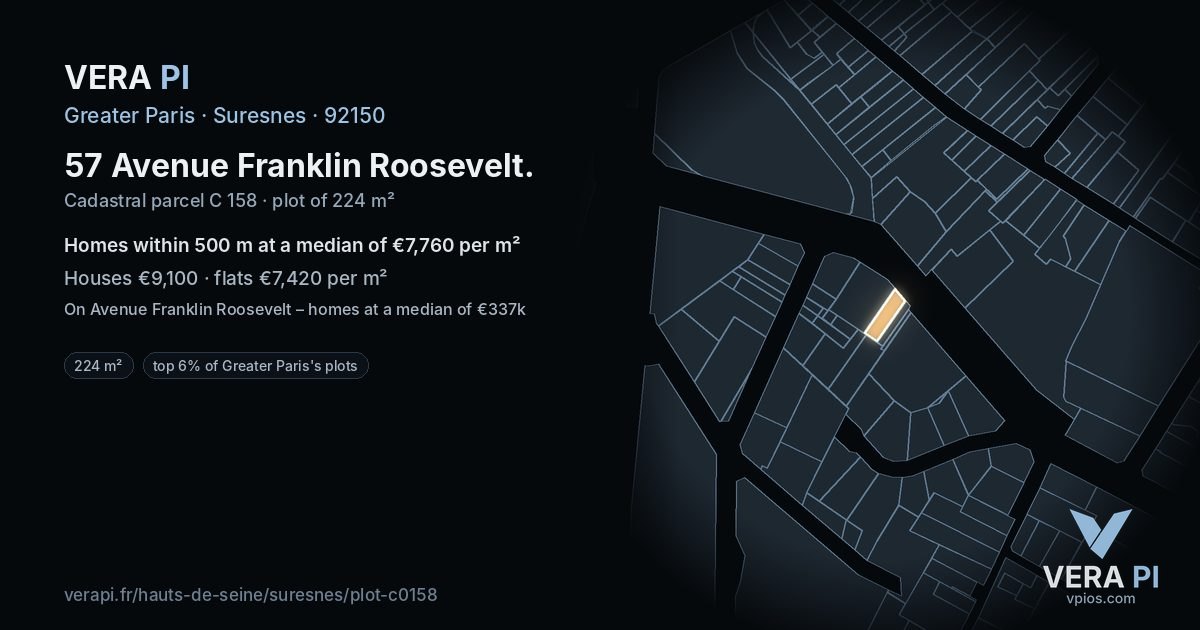 57 Avenue Franklin Roosevelt, Suresnes at night – the plot lit, the parcels around coloured by the prices near them