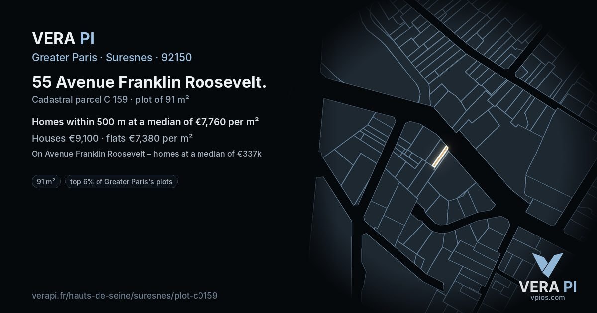 55 Avenue Franklin Roosevelt, Suresnes at night – the plot lit, the parcels around coloured by the prices near them