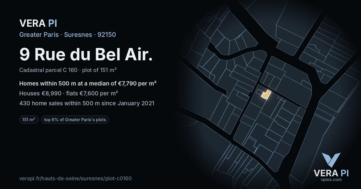 9 Rue du Bel Air, Suresnes at night – the plot lit, the parcels around coloured by the prices near them