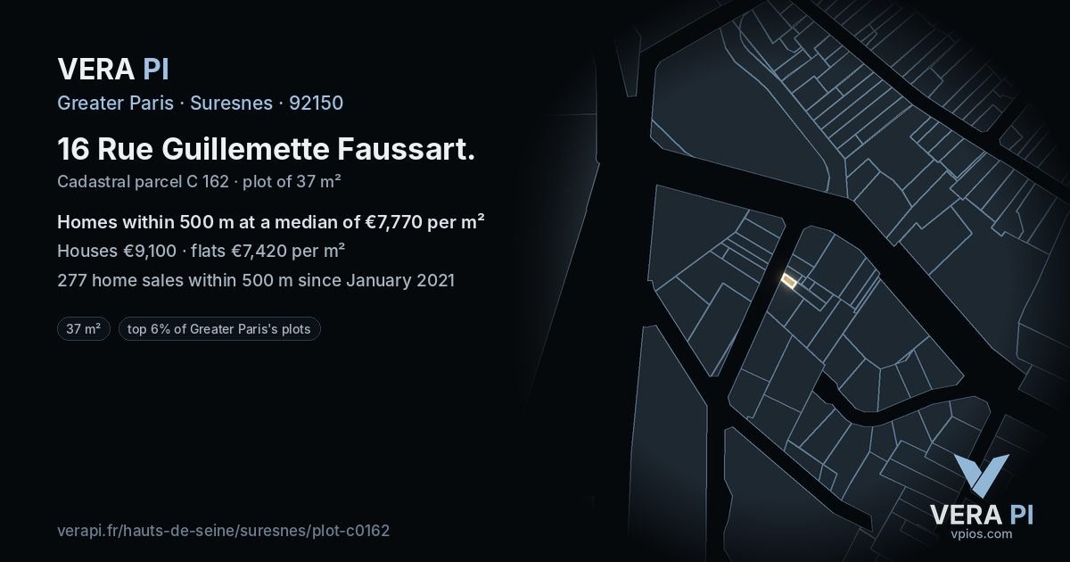16 Rue Guillemette Faussart, Suresnes at night – the plot lit, the parcels around coloured by the prices near them