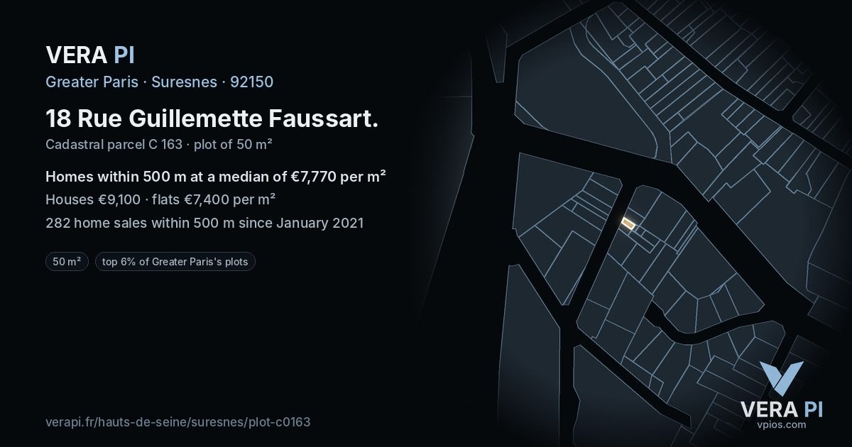 18 Rue Guillemette Faussart, Suresnes at night – the plot lit, the parcels around coloured by the prices near them