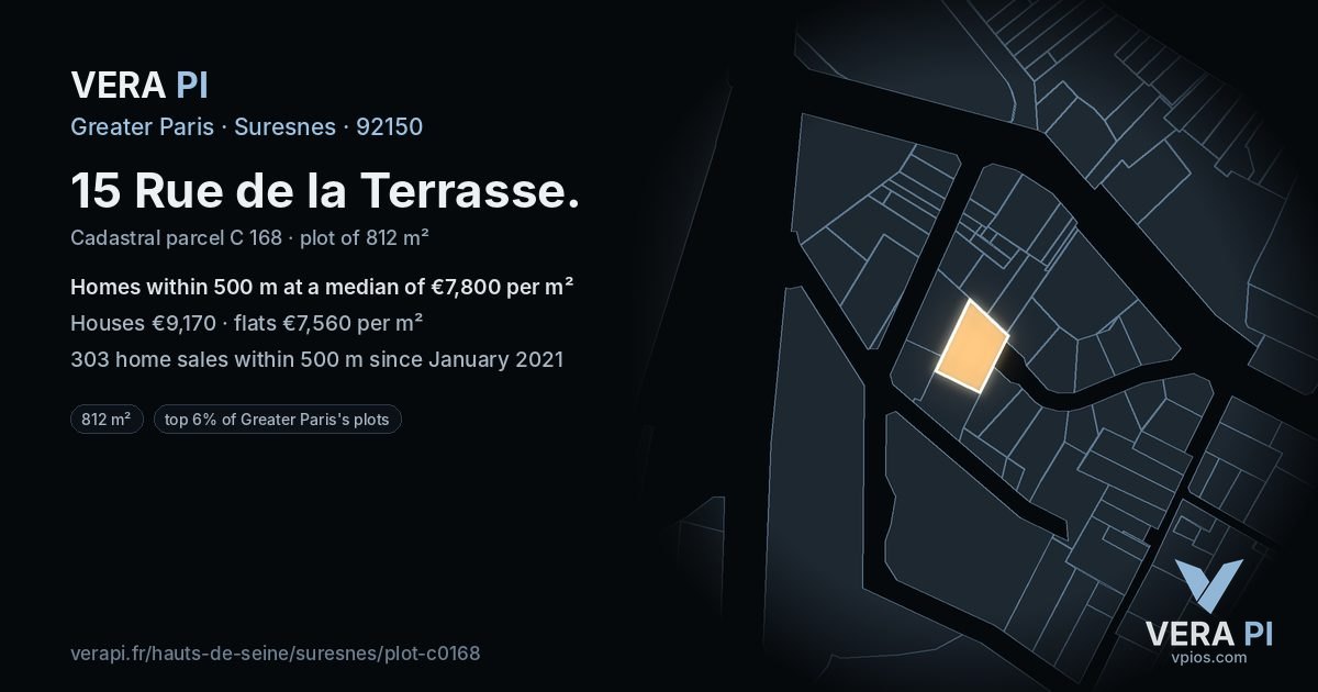 15 Rue de la Terrasse, Suresnes at night – the plot lit, the parcels around coloured by the prices near them