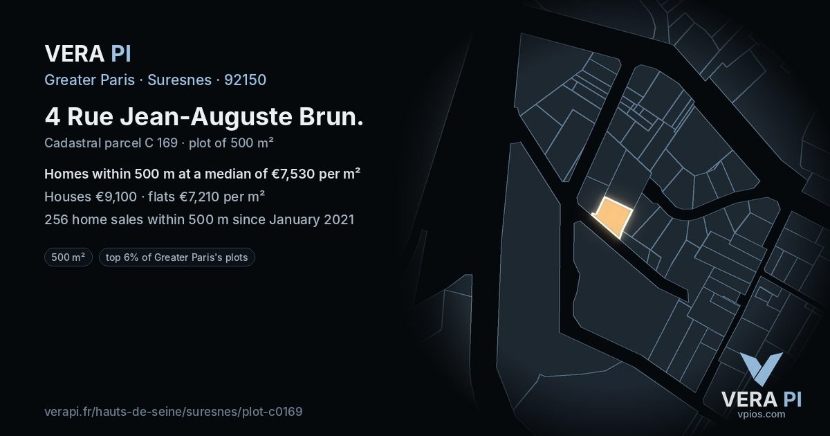 4 Rue Jean-Auguste Brun, Suresnes at night – the plot lit, the parcels around coloured by the prices near them